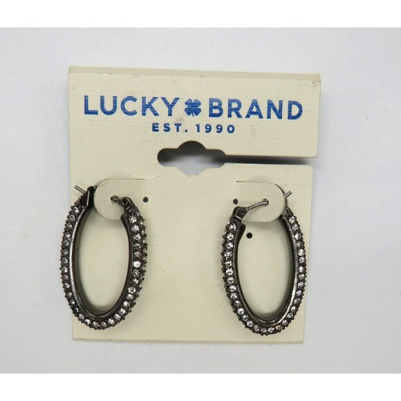 Lucky Brand Earrings Oval Crystal Encrusted Hoop Pierced Gunmetal Gray New - Picture 7 of 9